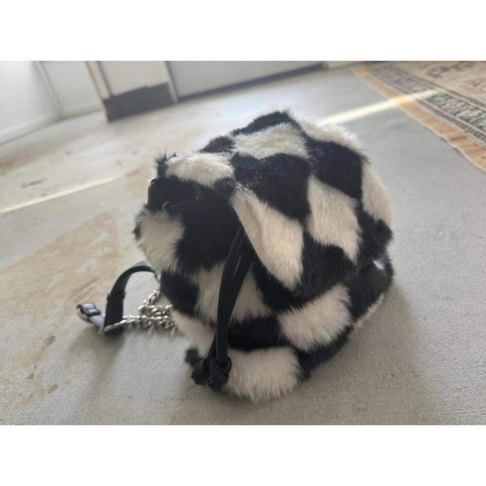Current Mood Checkerboard Fur Mini Chain Leather Backpack Purse | Rave - Picture 3 of 9